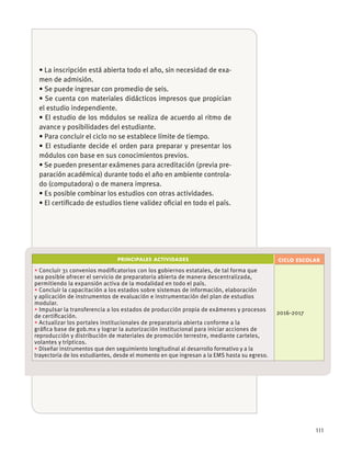 111
-
men de admisión.
el estudio independiente.
avance y posibilidades del estudiante.
módulos con base en sus conocimientos previos.
-
paración académica) durante todo el año en ambiente controla-
do (computadora) o de manera impresa.
PRINCIPALES ACTIVIDADES CICLO ESCOLAR
Concluir 31 convenios modiﬁcatorios con los gobiernos estatales, de tal forma que
sea posible ofrecer el servicio de preparatoria abierta de manera descentralizada,
Concluir la capacitación a los estados sobre sistemas de información, elaboración
y aplicación de instrumentos de evaluación e instrumentación del plan de estudios
modular.
Impulsar la transferencia a los estados de producción propia de exámenes y procesos
de certiﬁcación.
Actualizar los portales institucionales de preparatoria abierta conforme a la
gráﬁca base de gob.mx y lograr la autorización institucional para iniciar acciones de
reproducción y distribución de materiales de promoción terrestre, mediante carteles,
Diseñar instrumentos que den seguimiento longitudinal al desarrollo formativo y a la
trayectoria de los estudiantes, desde el momento en que ingresan a la EMS hasta su egreso.
2016-2017
 