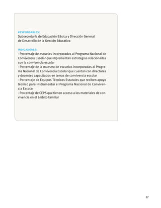 37
responsables:
Subsecretaría de Educación Básica y Dirección General
de Desarrollo de la Gestión Educativa
indicadores:
· Porcentaje de escuelas incorporadas al Programa Nacional de
Convivencia Escolar que implementan estrategias relacionadas
con la convivencia escolar
· Porcentaje de la muestra de escuelas incorporadas al Progra-
ma Nacional de Convivencia Escolar que cuentan con directores
y docentes capacitados en temas de convivencia escolar
· Porcentaje de Equipos Técnicos Estatales que reciben apoyo
técnico para instrumentar el Programa Nacional de Conviven-
cia Escolar
· Porcentaje de CEPS que tienen acceso a los materiales de con-
vivencia en el ámbito familiar
 