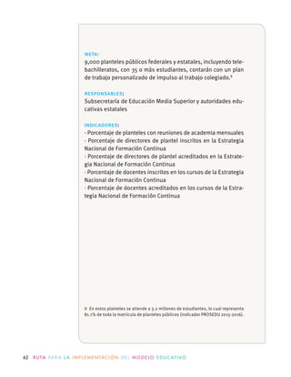 62 R U TA PA R A L A I M P L E M E N TAC I Ó N D E L M O D E LO E D U C AT I VO
meta:
9,000 planteles públicos federales y estatales, incluyendo tele-
bachilleratos, con 35 o más estudiantes, contarán con un plan
de trabajo personalizado de impulso al trabajo colegiado.8
responsables:
Subsecretaría de Educación Media Superior y autoridades edu-
cativas estatales
indicadores:
· Porcentaje de planteles con reuniones de academia mensuales
· Porcentaje de directores de plantel inscritos en la Estrategia
Nacional de Formación Continua
· Porcentaje de directores de plantel acreditados en la Estrate-
gia Nacional de Formación Continua
· Porcentaje de docentes inscritos en los cursos de la Estrategia
Nacional de Formación Continua
· Porcentaje de docentes acreditados en los cursos de la Estra-
tegia Nacional de Formación Continua
8 En estos planteles se atiende a 3.2 millones de estudiantes, lo cual representa
81.1% de toda la matrícula de planteles públicos (indicador PROSEDU 2015-2016).
 