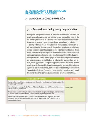 70 R U TA PA R A L A I M P L E M E N TAC I Ó N D E L M O D E LO E D U C AT I VO
3.1.1 Evaluaciones de ingreso y de promoción
El ingreso y la promoción en el Servicio Profesional Docente se
realizan exclusivamente por concurso de oposición, con el ﬁn
de atraer y retener en el sistema educativo a los mejores docen-
tes y construir una carrera profesional basada en el mérito.
La importancia de las evaluaciones de ingreso y promoción ra-
-
dores, se establecen las capacidades y conocimientos que debe
tener un maestro para ingresar al servicio público educativo, así
como para promocionarse a las funciones de Dirección, Supervi-
sión y Asesoría Técnico-Pedagógica, lo cual incide positivamente
en una mejora en la calidad de la educación que reciben las ni-
ñas, niños y jóvenes. El ingreso y promoción de docentes deben
realizarse de forma objetiva y transparente, sin consideraciones
Servicio Profesional Docente, y en estrecha coordinación con el
3. FORMACIÓN Y DESARROLLO
PROFESIONAL DOCENTE
3.1 LA DOCENCIA COMO PROFESIÓN
PRINCIPALES ACTIVIDADES CICLO ESCOLAR
ingreso y promoción.
2016-2017
atractiva esta promoción.
Mejorar el seguimiento y la transparencia de la asignación de plazas vacantes
a los docentes idóneos en los concursos de ingreso y promoción.
Fortalecer las acciones para garantizar que cada nuevo ingreso, así como
aquellos que se encuentran en proceso de regularización, cuenten con el
apoyo de un tutor.
 