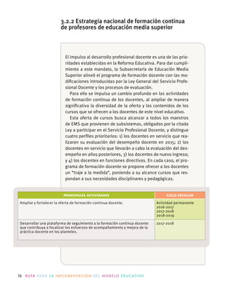 76 R U TA PA R A L A I M P L E M E N TAC I Ó N D E L M O D E LO E D U C AT I VO
3.2.2 Estrategia nacional de formación continua
de profesores de educación media superior
El impulso al desarrollo profesional docente es una de las prio-
ridades establecidas en la Reforma Educativa. Para dar cumpli-
miento a este mandato, la Subsecretaría de Educación Media
Superior alineó el programa de formación docente con las mo-
-
sional Docente y los procesos de evaluación.
Para ello se impulsa un cambio profundo en las actividades
de formación continua de los docentes, al ampliar de manera
signiﬁcativa la diversidad de la oferta y los contenidos de los
cursos que se ofrecen a los docentes de este nivel educativo.
Esta oferta de cursos busca alcanzar a todos los maestros
de EMS que provienen de subsistemas, obligados por la citada
Ley a participar en el Servicio Profesional Docente, y distingue
cuatro perﬁles prioritarios: 1) los docentes en servicio que rea-
lizaron su evaluación del desempeño docente en 2015; 2) los
-
empeño en años posteriores, 3) los docentes de nuevo ingreso;
y 4) los docentes en funciones directivas. En cada caso, el pro-
grama de formación docente se propone ofrecer a los docentes
un “traje a la medida“, poniendo a su alcance cursos que res-
pondan a sus necesidades disciplinares y pedagógicas.
PRINCIPALES ACTIVIDADES CICLO ESCOLAR
Ampliar y fortalecer la oferta de formación continua docente. Actividad permanente
2016-2017
2017-2018
2018-2019
Desarrollar una plataforma de seguimiento a la formación continua docente
que contribuya a focalizar los esfuerzos de acompañamiento y mejora de la
2017-2018
 