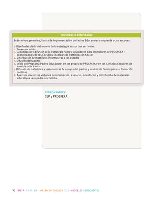 90 R U TA PA R A L A I M P L E M E N TAC I Ó N D E L M O D E LO E D U C AT I VO
PRINCIPALES ACTIVIDADES
1.
2.
3.
4.
5.
6.
7.
8.
responsables:
 