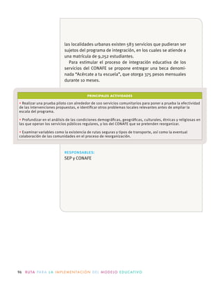 96 R U TA PA R A L A I M P L E M E N TAC I Ó N D E L M O D E LO E D U C AT I VO
-
PRINCIPALES ACTIVIDADES
responsables:
 