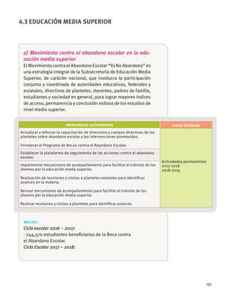 101
4.3 EDUCACIÓN MEDIA SUPERIOR
a) Movimiento contra el abandono escolar en la edu-
cación media superior
El Movimiento contra el Abandono Escolar “Yo No Abandono” es
Superior, de carácter nacional, que involucra la participación
conjunta y coordinada de autoridades educativas, federales y
estatales, directivos de planteles, docentes, padres de familia,
de acceso, permanencia y conclusión exitosa de los estudios de
nivel medio superior. 
PRINCIPALES ACTIVIDADES CICLO ESCOLAR
Actualizar y reforzar la capacitación de directores y cuerpos directivos de los
planteles sobre abandono escolar y las intervenciones promovidas.
Fortalecer el Programa de Becas contra el Abandono Escolar.
Actividades permanentes
2017-2018
2018-2019
Establecer la plataforma de seguimiento de las acciones contra el abandono
escolar.
Implementar mecanismos de acompañamiento para facilitar el tránsito de los
jóvenes por la educación media superior.
avances en la materia.
jóvenes por la educación media superior.
metas:
Ciclo escolar 2016 – 2017:
· 244,570 estudiantes beneﬁciarios de la Beca contra
el Abandono Escolar.
Ciclo Escolar 2017 – 2018:
 