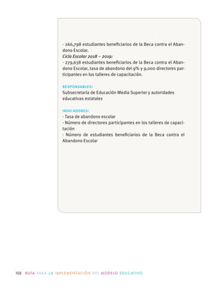 102 R U TA PA R A L A I M P L E M E N TAC I Ó N D E L M O D E LO E D U C AT I VO
· 266,798 estudiantes beneﬁciarios de la Beca contra el Aban-
dono Escolar.
Ciclo Escolar 2018 – 2019:
· 279,638 estudiantes beneﬁciarios de la Beca contra el Aban-
dono Escolar, tasa de abandono del 9% y 9,000 directores par-
ticipantes en los talleres de capacitación.
responsables:
educativas estatales
indicadores:
· Tasa de abandono escolar
· Número de directores participantes en los talleres de capaci-
tación
· Número de estudiantes beneﬁciarios de la Beca contra el
Abandono Escolar
 