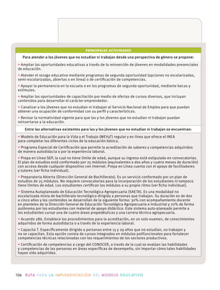 106 R U TA PA R A L A I M P L E M E N TAC I Ó N D E L M O D E LO E D U C AT I VO
PRINCIPALES ACTIVIDADES
Para atender a los jóvenes que no estudian ni trabajan desde una perspectiva de género se propone:
Ampliar las oportunidades educativas a través de la reinserción de jóvenes en modalidades presenciales
de educación.
Atender el rezago educativo mediante programas de segunda oportunidad (opciones no escolarizadas,
Apoyar la permanencia en la escuela o en los programas de segunda oportunidad, mediante becas y
Ampliar las oportunidades de capacitación por medio de ofertas de cursos diversos, que incluyan
contenidos para desarrollar el carácter emprendedor.
Canalizar a los jóvenes que no estudian ni trabajan al Servicio Nacional de Empleo para que puedan
reinsertarse a la educación.
Entre las alternativas existentes para las y los jóvenes que no estudian ni trabajan se encuentran:
para completar los diferentes ciclos de la educación básica.
Programa Especial de Certiﬁcación que permite la acreditación de saberes y competencias adquiridos
de manera autodidacta o por la experiencia laboral.
El plan de estudios está conformado por 25 módulos (equivalentes a dos años y cuatro meses de duración)
y tutores (ver ﬁcha individual).
Preparatoria Abierta (Dirección General de Bachillerato). Es un servicio conformado por un plan de
estudios de 25 módulos. No requiere convocatorias para la incorporación de los estudiantes ni tampoco
Sistema Autoplaneado de Educación Tecnológica Agropecuaria (SAETA). Es una modalidad no
escolarizada mixta de bachillerato tecnológico dirigida a personas que trabajan. Su duración es de dos
a cinco años y los contenidos se desarrollan de la siguiente forma: 30% con acompañamiento docente
en planteles de la Dirección General de Educación Tecnológica Agropecuaria e Industrial y 70% de forma
autónoma por los estudiantes con material de apoyo didáctico. Este sistema auto-planeado permite a
los estudiantes cursar una de cuatro áreas propedéuticas y una carrera técnica agropecuaria.
Acuerdo 286. Establece los procedimientos para la acreditación, en un solo examen, de conocimientos
adquiridos de forma autodidacta o a través de la experiencia laboral.
no se capacitan. Esta opción consta de cursos integrados en módulos polifuncionales para fortalecer
competencias técnicas relacionadas con los requerimientos de los sectores productivos.
hayan sido adquiridas.
 