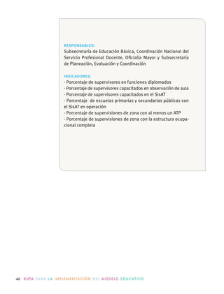 46 R U TA PA R A L A I M P L E M E N TAC I Ó N D E L M O D E LO E D U C AT I VO
responsables:
Subsecretaría de Educación Básica, Coordinación Nacional del
Servicio Profesional Docente, Oﬁcialía Mayor y Subsecretaría
de Planeación, Evaluación y Coordinación
indicadores:
· Porcentaje de supervisores en funciones diplomados
· Porcentaje de supervisores capacitados en observación de aula
· Porcentaje de supervisores capacitados en el SisAT
· Porcentaje de escuelas primarias y secundarias públicas con
el SisAT en operación
· Porcentaje de supervisiones de zona con al menos un ATP
· Porcentaje de supervisiones de zona con la estructura ocupa-
cional completa
 