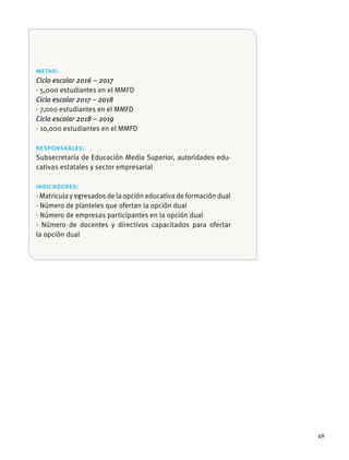 69
metas:
Ciclo escolar 2016 – 2017
· 5,000 estudiantes en el MMFD
Ciclo escolar 2017 – 2018
· 7,000 estudiantes en el MMFD
Ciclo escolar 2018 – 2019
· 10,000 estudiantes en el MMFD
responsables:
Subsecretaría de Educación Media Superior, autoridades edu-
cativas estatales y sector empresarial
indicadores:
· Matricula y egresados de la opción educativa de formación dual
· Número de planteles que ofertan la opción dual
· Número de empresas participantes en la opción dual
· Número de docentes y directivos capacitados para ofertar
la opción dual
 