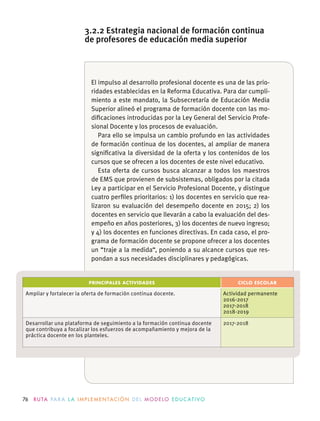 76 R U TA PA R A L A I M P L E M E N TAC I Ó N D E L M O D E LO E D U C AT I VO
3.2.2 Estrategia nacional de formación continua
de profesores de educación media superior
El impulso al desarrollo profesional docente es una de las prio-
ridades establecidas en la Reforma Educativa. Para dar cumpli-
miento a este mandato, la Subsecretaría de Educación Media
Superior alineó el programa de formación docente con las mo-
-
sional Docente y los procesos de evaluación.
Para ello se impulsa un cambio profundo en las actividades
de formación continua de los docentes, al ampliar de manera
signiﬁcativa la diversidad de la oferta y los contenidos de los
cursos que se ofrecen a los docentes de este nivel educativo.
Esta oferta de cursos busca alcanzar a todos los maestros
de EMS que provienen de subsistemas, obligados por la citada
Ley a participar en el Servicio Profesional Docente, y distingue
cuatro perﬁles prioritarios: 1) los docentes en servicio que rea-
lizaron su evaluación del desempeño docente en 2015; 2) los
-
empeño en años posteriores, 3) los docentes de nuevo ingreso;
y 4) los docentes en funciones directivas. En cada caso, el pro-
grama de formación docente se propone ofrecer a los docentes
un “traje a la medida“, poniendo a su alcance cursos que res-
pondan a sus necesidades disciplinares y pedagógicas.
PRINCIPALES ACTIVIDADES CICLO ESCOLAR
Ampliar y fortalecer la oferta de formación continua docente. Actividad permanente
2016-2017
2017-2018
2018-2019
Desarrollar una plataforma de seguimiento a la formación continua docente
que contribuya a focalizar los esfuerzos de acompañamiento y mejora de la
2017-2018
 