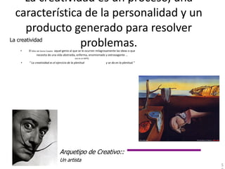 La creatividad es un proceso, una
  característica de la personalidad y un
       producto generado para resolver
La creatividad
  •
                  problemas.
      El Mito del Genio Creador: aquel genio al que se le ocurren milagrosamente las ideas o que
              necesita de una vida abstraída, enferma, ensimismado y extravagante …
                                             eso es un MITO.

  •   “ La creatividad es el ejercicio de la plenitud                  y se da en la plenitud.”




                                Arquetipo de Creativo::
                                Un artista
                                                                                                   5
 