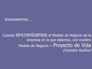 Innovaremos …


Cuando   sincronicemos el Modelo de Negocio de la
              empresa en la que estemos, con nuestro
          Modelo de Negocio =   Proyecto de Vida
                                    (Grandes Sueños)
 