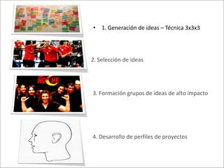 • 1. Generación de ideas – Técnica 3x3x3




2. Selección de ideas




3. Formación grupos de ideas de alto impacto




4. Desarrollo de perfiles de proyectos
 