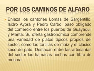 POR LOS CAMINOS DE ALFARO
   Enlaza los cantones Lomas de Sargentillo,
    Isidro Ayora y Pedro Carbo, paso obligado
    del comercio entre los puertos de Guayaquil
    y Manta. Su oferta gastronómica comprende
    una variedad de platos típicos propios del
    sector, como las tortillas de maíz y el clásico
    seco de pato. Destacan entre las artesanías
    del sector las hamacas hechas con fibra de
    mocora.
 