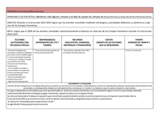 PRIORIDAD:NormalidadMínimaEscolar
PROBLEMA O FACTORCRÍTICO: Atendimos sólo algunos campos y se dejó de apoyar los campos de Desarrollofísicoysalud,Desarrollo PersonalySocial.
OBJETIVO:Durante el ciclo escolar2014-2015 lograr que los alumnos consoliden mediante estrategias y actividades didácticas su dominio en cada
uno de los Campos Formativos.
META: Lograr que el 100% de los alumnos consoliden satisfactoriamente el dominio en cada uno de los Campos Formativos durante el ciclo escolar
2014-2015.
ACCIONES
(ACTIVIDADES CON
SECUENCIA LÓGICA)
RESPONSABLE(S)
(INTEGRANTES DEL CTE Y
PADRES)
RECURSOS
(EDUCATIVOS, HUMANOS,
MATERIALES Y FINANCIEROS)
COSTOS
(MONTO DE LAS ACCIONES
QUE LO REQUIERAN)
TIEMPO
(PERIODO DE TIEMPO Y
FECHA)
- Realizar Estrategias que
redunden en diversas actividades
que tienen como finalidad lograr
el mismoaprendizaje esperado.
- Promover el trabajoenequipo
que permita a los niños
compartir conocimientos y
experiencias.
- Incluir apoyos escolares y
extraescolares conpadres de
familia, alumnos ypersonal
especializado(CRIE).
- Realizar actividad”para
empezar bien el día.”
- Agenda del trabajogrupal.
* Docentes, directivos, padres de
familia, personal del CRIE.
- Planeaciones, agenda de los niños,
calendario, lista de asistencia.
Todo el cicloescolar.
SEGUIMIENTO Y EVALUACIÓN
(RECOPILACIÓN SISTEMÁTICA DE INFORMACIÓNGENERAL DURANTELA EJECUCION DE LAS ACCIONES, CONSIDERANDO FUENTESDE INFORMACIÓN, MEDIOS, MECANISMOS INSTRUMENTOS PARA
RECUPERAR LA INFORMACIÓN, FORMAS DE DOCUMENTACIÓN, EVIDENCIAS, EL TIEMPO Y LA FORMA EN QUE SE DARÁ A CONOCER A LOS PADRES)
Se sigue trabajandoenactividadesque seanaprovechadasen diversoscamposformativosconlafinalidadde lograrel mismoaprendizaje esperado,
implementandodiversasestrategias(juegosinteractivos,apoyosvisualesconconsignasclaras).
Se está promoviendoel trabajoenequipoloque nosbrindalaoportunidadde ampliarnuestrasexperienciasyenriquecernuestralabordiaria.
El personal del CRIEse encuentraenfase inicial endónde estárealizandosudiagnósticopararealizarsuplaneación.
Se aplicalas“actividadesparaempezarbienel día.”
La agendadel trabajogrupal estáenproceso.
 