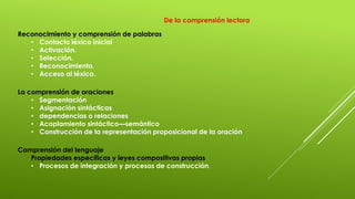 De la comprensión lectora 
Reconocimiento y comprensión de palabras 
• Contacto léxico inicial 
• Activación. 
• Selección. 
• Reconocimiento. 
• Acceso al léxico. 
La comprensión de oraciones 
• Segmentación 
• Asignación sintácticas 
• dependencias o relaciones 
• Acoplamiento sintáctico—semántico 
• Construcción de la representación proposicional de la oración 
Comprensión del lenguaje 
Propiedades específicas y leyes compositivas propias 
• Procesos de integración y procesos de construcción. 
 