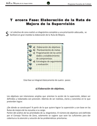 Programa Escuelas de CalidadRuta de MejoRa de la Supervisión 20
a)
b)
c)
Elaboración de objetivos
Planteamiento de metas
Programación de las activi-
dades y establecimiento
de compromisos
Estrategias de seguimiento
y evaluación
d)
S
20.
T ercera Fase: Elaboración de la Ruta de
Mejora de la Supervisión
i el colectivo de zona realizó un diagnóstico completo y una priorización adecuada, se
facilitará en gran medida la elaboración de la Ruta de Mejora.
Esta fase se integrará básicamente de cuatro- pasos:
a) Elaboración de objetivos.
Los objetivos son intenciones amplias que orientan la acción de la supervisión, deben ser
definidos y redactados con precisión. Además de ser realistas, claros y concretos en lo que
pretenden lograr.
¿De dónde se construyen? A partir de lo que quiere lograr la supervisión y con base en las
Rutas de mejora de las escuelas a su cargo.
Parten del análisis de las prioridades de su diagnóstico. El número de objetivos será definido
por el Consejo Técnico de Zona, solamente se sugiere que sean los suficientes para dar
cobertura a la atención y solución de las problemáticas prioritarias.
 