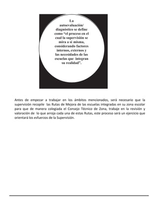 Antes de empezar a trabajar en los ámbitos mencionados, será necesario que la
supervisión recopile las Rutas de Mejora de las escuelas integradas en su zona escolar
para que de manera colegiada el Consejo Técnico de Zona, trabaje en la revisión y
valoración de lo que arroja cada una de estas Rutas, este proceso será un ejercicio que
orientará los esfuerzos de la Supervisión.
La
autoevaluación/
diagnóstico se define
como “el proceso en el
cual la supervisión se
mira a sí misma,
considerando factores
internos, externos y
las necesidades de las
escuelas que integran
su realidad”.
 