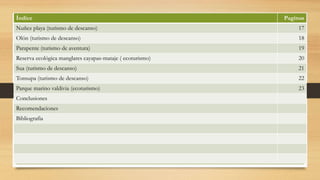 Índice Paginas
Nuñez playa (turismo de descanso) 17
Olón (turismo de descanso) 18
Parapente (turismo de aventura) 19
Reser...