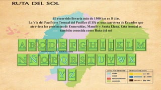 . El recorrido llevaría más de 1500 km en 8 días.
La Vía del Pacífico o Troncal del Pacífico (E15) es una carretera de Ecu...