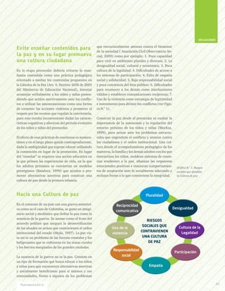 APLICACIONES
Evite enseñar contenidos para
la paz y en su lugar promueva
una cultura ciudadana
En la etapa preescolar debería evitarse la ense-
ñanza entendida como una práctica pedagógica
orientada a mediar los contenidos propuestos en
la Cátedra de la Paz (Art. 4, Decreto 1038 de 2005
del Ministerio de Educación Nacional), intentar
aconsejar verbalmente a los niños y niñas preten-
diendo que actúen asertivamente ante los conflic-
tos o utilizar las amonestaciones como una forma
de contener las acciones violentas y promover el
respeto por las normas que regulan la convivencia,
pues esto resulta inconveniente dadas las caracte-
rísticas cognitivas y afectivas del período evolutivo
de los niños y niñas del preescolar.
El efecto de esas prácticas de enseñanza es momen-
táneo y en el largo plazo quizás contraproducente,
dada la ambigüedad que supone educar utilizando
la contención en lugar de la promoción. En lugar
del “enseñar” se requiere una acción educativa en
la que primen las experiencias de vida, en la que
los adultos próximos se conviertan en modelos
prestigiosos (Bandura, 1999) que ayuden a pro-
mover alternativas asertivas para construir una
cultura de paz desde la primera infancia.
Hacia una Cultura de paz
En el contexto de un país con una guerra asimétri-
ca como es el caso de Colombia, se gesta un imagi-
nario social y mediático que define la paz como la
ausencia de la guerra. Se asume como el fruto del
acuerdo político que asegura la desmovilización
de los alzados en armas que contravienen el orden
institucional del estado (Mejía, 1997). La paz vis-
ta así es un problema de las fuerzas estatales y los
beligerantes que se enfrentan en las zonas rurales
y los barrios marginales de las grandes ciudades.
La ausencia de la guerra no es la paz. Consiste en
un tipo de formación que busca educar a los niños
y niñas para que encuentren alternativas asertivas
y socialmente beneficiosas para sí mismos y sus
comunidades, frente a algunos de los problemas
que estructuralmente atentan contra el bienestar
de la sociedad ( Asociación Civil Observatorio So-
cial, 2009) como por ejemplo: 1. Poca capacidad
para vivir en ambientes plurales y diversos; 2. La
desigualdad social, cultural y económica; 3. Poca
cultura de la legalidad; 4. Dificultades de acceso a
los sistemas de participación; 4. Falta de empatía
social y solidaridad; 5. Baja responsabilidad social
y poca conciencia del bien público; 6. Dificultades
para reconocer a los demás como interlocutores
válidos y establecer comunicaciones recíprocas; 7.
Uso de la violencia como estrategia de legitimidad
e instrumento para dirimir los conflictos (ver Figu-
ra N.° 1).
Construir la paz desde el preescolar es exaltar la
importancia de la autonomía y la regulación del
entorno próximo de los niños y niñas (Mockus,
1999), para actuar ante los problemas estructu-
rales que engendran el conflicto y atentan contra
los ciudadanos y el orden institucional. Una cul-
tura donde el acompañamiento pedagógico de los
maestros, la familia y los demás adultos con los que
interactúan los niños, moldean sistemas de creen-
cias tendientes a la paz, afianzan las respuestas
emocionales positivas e instauran comportamien-
tos de aceptación ante lo socialmente adecuado y
rechazo frente a lo que contraviene la integridad.
Gráfica N.° 1. Riesgos
sociales que desafían
la Cultura de paz
Pluralidad
Desigualdad
Cultura de la
Legalidad
Participación
Empatía
Responsabilidad
social
Uso de la
violencia
RIESGOS
SOCIALES QUE
CONTRAVIENEN
UNA CULTURA
DE PAZ
Reciprocidad
comunicativa
83Ruta maestra Ed.13
 