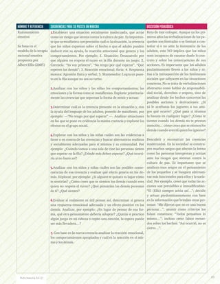 NOMBRE Y REFERENCIA SUGERENCIAS PARA SU PUESTA EN MARCHA DISCUSIÓN PEDAGÓGICA
Razonamiento
emotivo
Se basa en el
modelo de la terapia
racional emotiva
propuesta por
Albert Ellis (2005)
1.Establecer una situación socialmente inadecuada, que actúe
como un riesgo que atenta contra la cultura de paz. Es importan-
te que se establezca con precisión cuál es la situación, la creencia
que los niños expresan sobre el hecho o que el adulto pueden
deducir con su ayuda, la reacción emocional que genera y los
comportamientos. Por ejemplo: 1. Situación: Desacuerdo por
que alguien no respeta el turno en la fila durante un juego; 2.
Creencia: “Yo voy primero”, “No tengo por qué esperar”, “Que
esperen los demás”; 3. Reacción emocional: furia: 4. Respuesta
motora: Agresión física y verbal; 5. Mantenedor: Logra un pues-
to en la fila aunque no sea su turno.
2.Analizar con los niños y las niñas los comportamientos, las
emociones y la forma como se manifiestan. Explorar prioritaria-
mente las creencias que soportan la forma de sentir y actuar.
3.Determinar cuál es la creencia presente en la situación y, con
la ayuda del lenguaje de los adultos, ponerlo de manifiesto, por
ejemplo: —“No tengo por qué esperar” —. Analizar situaciones
en las que se pone en evidencia la misma creencia y explorar los
efectos en el grupo social.
4.Explorar con los niños y las niñas cuáles son las evidencias a
favor o en contra de las creencias y buscar alternativas realistas
y socialmente adecuadas para sí mismos y su comunidad. Por
ejemplo: ¿Cuándo vamos a una sala de cine las personas tienen
que esperar en la fila? ¿Dónde más deben esperar? ¿Qué ocurri-
ría si no fuera así?
5.Analizar con los niños y niñas cuáles son las posibles conse-
cuencias de esa creencia y evaluar qué efecto genera en los de-
más. Explorar, por ejemplo: ¿Si alguien te quitara tu lugar cómo
te sentirías? ¿Cómo crees que se sienten los demás cuando eres
quien no respeta el turno? ¿Qué pensarían las demás personas
de ti? ¿Qué sientes?
6.Evaluar si realmente es útil pensar así, determinar si genera
una respuesta emocional adecuada y un efecto positivo en los
demás. Analizar, por ejemplo: ¿En lugar de pensar de esa for-
ma, qué otra pensamiento debería adoptar? ¿Quizás si practico
algún juego en mi cabeza o repito una canción, la espera puede
ser más llevadera…?
7. Con base en la nueva creencia analizar la reacción emocional,
los comportamientos apropiados y cuál es la reacción en sí mis-
mo y los demás.
Reto de éste enfoque. Aunque en los pri-
meros años las verbalizaciones de los pe-
queños son limitadas o se limitan a con-
testar sí o no ante la insistencia de los
adultos, esto NO implica que los niños
sean incapaces de razonar desde lo con-
creto y sobre las consecuencias de sus
acciones. Es importante que los adultos
paulatinamente lleven a los niños y ni-
ñas a la introspección de los fenómenos
sociales que subyacen en las situaciones
concretas. No se trata de verbalizaciones
abstractas como hablar de responsabili-
dad social, derechos o respeto, sino de
analizar desde los hechos concretos las
posibles acciones y derivaciones: ¿Si
tú le arrebatas los juguetes a tus ami-
gos qué ocurre? ¿Qué pasa si tiramos
la basura en cualquier lugar? ¿Cómo te
sientes cuando los demás no te prestan
atención… cómo crees que se sienten los
demás cuando eres tú quien los ignoras?
Descubrir y reconstruir las creencias
inadecuadas. En la sociedad se constru-
yen muchos sesgos que afectan la forma
como las personas interpretan y actúan
ante los riesgos que atentan contra la
cultura de paz. Es importante que se
analicen esos sesgos en el pensamiento
de los pequeños y se busquen alternati-
vas más funcionales para ellos y la socie-
dad. Por ejemplo, creer que todas las ac-
ciones son previsibles e inmodificables:
“El (Ella) siempre actúa así…”; decidir
y actuar predominantemente con base
en la información que brindan otras per-
sonas: “Me dijeron que no es una buena
persona…”; asumir como criterios los
falsos consensos: “Todos pensamos lo
mismo…”; incluso crear falsos recuer-
dos sobre los hechos: “Así ocurrió, no es
cierto…”.
89Ruta maestra Ed.13
 