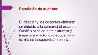 Rendición de cuentas: 
El director y los docentes elaboran 
un dirigido a la comunidad escolar: 
Gestión escolar, administrativa y 
financiera = autoridad educativa a 
través de la supervisión escolar. 
 