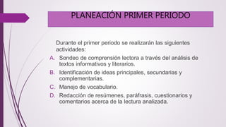 PLANEACIÓN PRIMER PERIODO 
Durante el primer periodo se realizarán las siguientes 
actividades: 
A. Sondeo de comprensión lectora a través del análisis de 
textos informativos y literarios. 
B. Identificación de ideas principales, secundarias y 
complementarias. 
C. Manejo de vocabulario. 
D. Redacción de resúmenes, paráfrasis, cuestionarios y 
comentarios acerca de la lectura analizada. 
 
