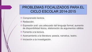 PROBLEMAS FOCALIZADOS PARA EL 
CICLO ESCOLAR 2014-2015 
 Comprensión lectora. 
 Redacción. 
 Expresión oral: uso adecuado del lenguaje formal, aumento 
de disponibilidad léxica, elaboración de argumentos válidos 
 Fomento a la lectura. 
 Acercamiento a la literatura: poesía, narrativa, teatro. 
 Iniciación a la investigación. 
 