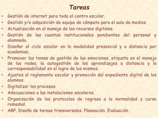 Tareas
• Gestión de internet para toda el centro escolar.
• Gestión y/o adquisición de equipo de cómputo para el aula de medios.
• Actualización en el manejo de los recursos digitales.
• Gestión de las cuentas institucionales pendientes del personal y
alumnado.
• Diseñar el ciclo escolar en la modalidad presencial y a distancia por
academias.
• Promover los temas de gestión de las emociones, etiqueta en el manejo
de las redes, la autogestión de los aprendizajes a distancia y la
corresponsabilidad en el logro de los mismos.
• Ajustes al reglamento escolar y promoción del expediente digital de los
alumnos.
• Digitalizar los procesos.
• Adecuaciones a las instalaciones escolares.
• Organización de los protocolos de regreso a la normalidad y curso
remedial.
• ABP. Diseño de tareas transversales. Planeación. Evaluación.
 