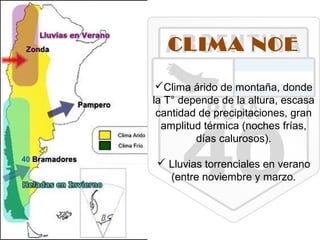 CLIMA NOE 
Clima árido de montaña, donde 
la T° depende de la altura, escasa 
cantidad de precipitaciones, gran 
amplitud térmica (noches frías, 
días calurosos). 
 Lluvias torrenciales en verano 
(entre noviembre y marzo. 
 