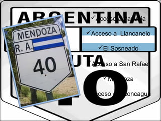 Acceso a Payunia 
Acceso a Llancanelo 
El Sosneado 
Acceso a San Rafael 
Mendoza 
Acceso a Aconcagua 
 