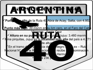 Datos curiosos de la 40 
Punto más alto de la Ruta 40:Abra de Acay, Salta, con 4.952 
m 
Punto más bajo: 39 msnm en su km cero, en el Faro del Cabo 
Virgenes , Santa Cruz 
Altura en su punto final La quiaca Jujuy: 3.460 msnm 
Mina pirquitas, Jujuy es la localidad más alta del país a 4.271 
mde altura. 
En el tramo de la provincia de Río Negro (en la ex – Ruta 
Nacional N° 258) la Ruta Nacional 40 recibe la denominación 
oficial de Juan Marcos Herman 
Cruza 236 puentes 
. 
 