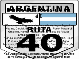Datos curiosos de la 
40 
Da acceso a 13 grandes lagos y salares: lagos Argentino, 
Viedma, Cardiel, Buenos Aires, Epuyén, Puelo, Mascardi, 
Gutiérrez, Nahuel Huapi, Traful, Embalse de Alicura, 
Embalse Agua del Toro entre otros. 
Cruza importantes ríos: Turbio, Santa Cruz, Chalía, Chico, 
Pinturas, Senguer, Limay, Traful, Collón Cura, Agrio, 
Neuquén, Barrancas-Colorado, Grande, Diamante, Tunuyán, 
Mendoza, San Juan, Jáchal, Santa María, Calchaquí. 
La Competencia: Carretera Austral (Ruta N°7) en Chile 
corre paralela a la Ruta Nacional 40, sobre la falda 
occidental de los Andes. 
 