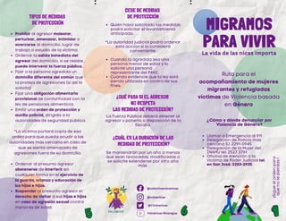 @colectivavolcanicas
@CVolcanicas
@volcanicas
Volcánicas Nicaragua
MIGRAMOS
PARA VIVIR
La vida de las nicas importa
Ruta para el
acompañamiento de mujeres
migrantes y refugiadas
víctimas de Violencia basada
en Género
¿Cómo y dónde denunciar por
Violencia de Género?
Llamar a Emergencia al 911
Delegación de Policía más
cercana SJ: 2291-0945
Delegación de la Mujer del
INAMU tel: 2527 3761
Oficina de Atención a la
Victima de Poder Judicial tel.
en San José: 2253-2935
TIPOS DE MEDIDAS
DE PROTECCIÓN
Prohibir al agresor molestar,
perturbar, amenazar, intimidar o
acercarse al domicilio, lugar de
trabajo o estudio de la víctima.
Ordenar la salida inmediata del
agresor del domicilio, si se resiste,
puede intervenir la fuerza pública.
Fijar a la persona agredida un
domicilio diferente del común que
la proteja de agresiones (si así lo
solicita)
Fijar una obligación alimentaria
provisional de conformidad con la
ley de pensiones alimenticia
Emitir una orden de protección y
auxilio policial, dirigida a la
autoridades de seguridad pública.
Ordenar al presunto agresor
abstenerse de interferir en
cualquier forma en el ejercicio de
la guarda, crianza y educación de
los hijos e hijas.
Suspender al presunto agresor el
derecho de visitar a sus hijas e hijos
en caso de agresión sexual contra
menores de edad.
*La víctima portará copia de esa
orden para que pueda acudir a las
autoridades más cercana en caso de
que se sienta amenazada de
agresiones fuera de su domicilio.
CESE DE MEDIDAS
DE PROTECCIÓN
Quién haya solicitado las medidas
podrá solicitar el levantamiento
anticipado.
Cuando la agredida sea una
persona menor de edad y lo
solicite una persona
representante del PANI.
Cuando evidencie que la ley está
siendo utilizada en contra de sus
fines.
*La autoridad judicial podrá ordenar
esta acción si lo considera
conveniente.
¿QUÉ PASA SI EL AGRESOR
NO RESPETA
LAS MEDIDAS DE PROTECCIÓN?
La Fuerza Pública deberá detener al
agresor y ponerlo a disposición de la
fiscalía.
¿CUÁL ES LA DURACIÓN DE LAS
MEDIDAS DE PROTECCIÓN?
Se mantendrán por un año a menos
que sean revocadas, modificadas o
se solicite extenderse por otro año
más.
¡Sigue
el
orden
para
que
no
te
pierdas
!
 