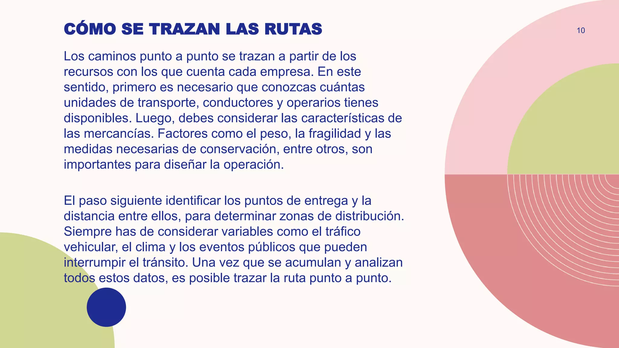 CÓMO SE TRAZAN LAS RUTAS
Los caminos punto a punto se trazan a partir de los
recursos con los que cuenta cada empresa. En este
sentido, primero es necesario que conozcas cuántas
unidades de transporte, conductores y operarios tienes
disponibles. Luego, debes considerar las características de
las mercancías. Factores como el peso, la fragilidad y las
medidas necesarias de conservación, entre otros, son
importantes para diseñar la operación.
El paso siguiente identificar los puntos de entrega y la
distancia entre ellos, para determinar zonas de distribución.
Siempre has de considerar variables como el tráfico
vehicular, el clima y los eventos públicos que pueden
interrumpir el tránsito. Una vez que se acumulan y analizan
todos estos datos, es posible trazar la ruta punto a punto.
10
 