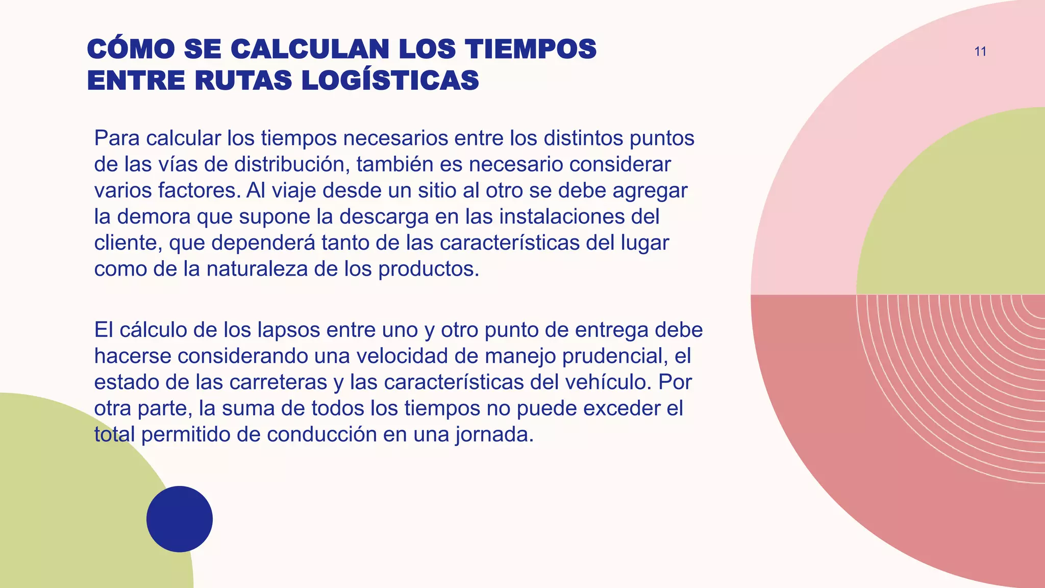 CÓMO SE CALCULAN LOS TIEMPOS
ENTRE RUTAS LOGÍSTICAS
Para calcular los tiempos necesarios entre los distintos puntos
de las vías de distribución, también es necesario considerar
varios factores. Al viaje desde un sitio al otro se debe agregar
la demora que supone la descarga en las instalaciones del
cliente, que dependerá tanto de las características del lugar
como de la naturaleza de los productos.
El cálculo de los lapsos entre uno y otro punto de entrega debe
hacerse considerando una velocidad de manejo prudencial, el
estado de las carreteras y las características del vehículo. Por
otra parte, la suma de todos los tiempos no puede exceder el
total permitido de conducción en una jornada.
11
 