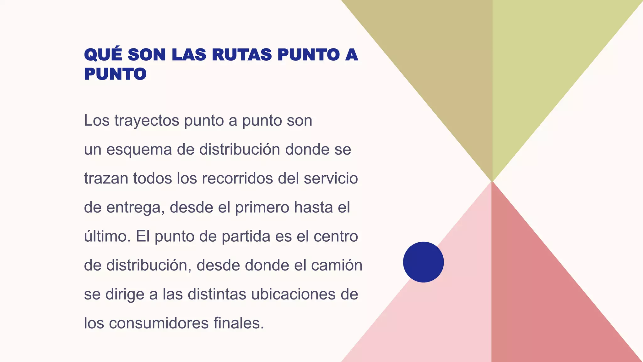 QUÉ SON LAS RUTAS PUNTO A
PUNTO
Los trayectos punto a punto son
un esquema de distribución donde se
trazan todos los recorridos del servicio
de entrega, desde el primero hasta el
último. El punto de partida es el centro
de distribución, desde donde el camión
se dirige a las distintas ubicaciones de
los consumidores finales.
 