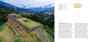 116 117
ZONA NORTE
LA RUTA DEL
CHINCHAYSUYU
XXX DESTINO
Esta ruta del Qhapaq Ñan es importante pues
forma parte del Camino Longitudinal de la Sierra que,
partiendo del Cusco, conecta de este a oeste destacados
complejos de manufactura inca; además, atraviesa
variados paisajes que alcanzan los 3000 metros de
altitud. Este camino articula a la región del Cusco con
Vilcashuamán, en Ayacucho, y se dirige hacia el norte.
Los caminos de esta vía conservan diversas
infraestructuras, como calzadas empedradas con canales
y complejos sistemas de drenaje. Además, algunos
segmentos presentan muros laterales y diversas respuestas
tecnológicas a las características del terreno, como
escaleras, puentes y, en algunas secciones, plataformas de
tipo corte talud construidas con piedras locales.
Uno de los principales monumentos de esta ruta
es Saywite, el cual es considerado un centro religioso
de culto al agua. Este conjunto cubre una extensión
SAYWITE
CURAMBA
SONDOR
Saywite es el un
centro religioso
relacionado al agua.
VILCASHUAMÁN - INTIHUATANA
DE POMACOCHA
INKAWASI - HUAYTARÁ - TAMBO
COLORADO
LOMAS DE ATIQUIPA - QUEBRADA
DE LA VACA
POMATA
de 60 hectáreas divididas en seis sectores. En el
sitio, destaca un monolito de piedra de 4 metros de
diámetro y 2,3 metros de altura, famoso por exhibir
más de doscientas representaciones escultóricas
de canales, andenes, montañas, ríos, campos de
cultivos y lagunas, así como de formas zoomorfas
y antropomorfas, tales como monos, lagartos,
serpientes, aves, ranas, peces y cangrejos. Todo el
conjunto ha sido identificado como una especie de
“mapa simbólico” del mundo de los incas. Asimismo,
mantiene un complejo escalonado de fuentes y
recintos construidos en piedra con un intihuatana.
Curamba es otro importante asentamiento inca
asociado al camino en esta ruta, se localiza en la
ribera izquierda del río Pachachaca. Este conjunto
está conformado por más de noventa estructuras
con recintos de planta rectangular y cuadrangular
 
