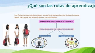 ¿Qué son las rutas de aprendizaje
Las Rutas de Aprendizaje sugieren una serie de estrategias que el docente puede
seguir para lograr los aprendizajes en los estudiantes.
 
