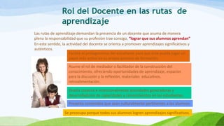 Rol del Docente en las rutas de
aprendizaje
Las rutas de aprendizaje demandan la presencia de un docente que asuma de manera
plena la responsabilidad que su profesión trae consigo, “lograr que sus alumnos aprendan”
En este sentido, la actividad del docente se orienta a promover aprendizajes significativos y
auténticos.
Facilita el protagonismo del estudiante para que éste pueda jugar un
papel más activo en su propio proceso de formación.
Asume el rol de mediador o facilitador de la construcción del
conocimiento, ofreciendo oportunidades de aprendizaje, espacios
para la discusión y la reflexión, materiales educativos,
retroalimentación.
Diseña creativa e intencionalmente actividades generadoras y
desarrolladoras de capacidades y conocimientos en los estudiantes.
Presenta contenidos que sean culturalmente pertinentes a los alumnos
Se preocupa porque todos sus alumnos logren aprendizajes significativos.
 