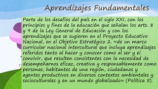 Aprendizajes Fundamentales
Parte de los desafíos del país en el siglo XXI, con los
principios y fines de la educación que señalan los arts. 8
y 9 de la Ley General de Educación y con los
aprendizajes que se sugieren en el Proyecto Educativo
Nacional, en el Objetivo Estratégico 2. «de un marco
curricular nacional intercultural que incluya aprendizajes
referidos tanto al hacer y conocer como al ser y el
convivir, que resulten consistentes con la necesidad de
desempeñarnos eficaz, creativa y responsablemente como
personas, habitantes de una región, ciudadanos y
agentes productivos en diversos contextos ambientales y
socioculturales y en un mundo globalizado» (Política 5).
 