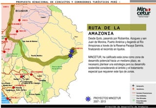 PROPUESTA BINACIONAL DE CIRCUITOS Y CORREDORES TURÍSTICOS PERÚ - ECUADOR Aeropuerto. Áreas Naturales Protegidas. Carretera Panamericana. Vías Asfaltadas.  Vías Afirmadas.  Aeródromo. Dirección de Desarrollo de Producto Turístico RUTA DE LA AMAZONIA Desde Quito, pasando por Riobamba, Azogues y san Juan de Morona, Puerto América y llegando al Río Amazonas a través de la Reserva Pacaya Samiria, finalizando el recorrido en Iquitos. MINCETUR, ha calificado esta zona como zona de desarrollo potencial hacia un mediano plazo, es necesario plantear una estrategia para su desarrollo sostenible considerando el ámbito y el tratamiento especial que requieren este tipo de zonas. PROYECTOS MINCETUR 2007 - 2013 