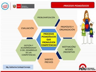 PROCESOS PEDAGÓGICOS
Katherine Carbajal Cornejo
PROCESOS
PEDAGÓGICOS
QUE
PROMUEVEN
COMPETENCIAS
PROBLEMATIZACIÓN
PROPÓSITO Y
ORGANIZACIÓN
MOTIVACIÓN/
INTERÉS
/INCENTIVO
SABERES
PREVIOS
GESTIÓN Y
ACOMPAÑAMIENT
O DEL DESARROLLO
DE LAS
COMPETENCIAS
EVALUACIÓN
Mg. Katherine Carbajal Cornejo
 