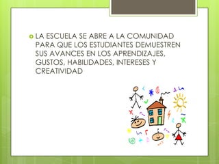  LA ESCUELA SE ABRE A LA COMUNIDAD
PARA QUE LOS ESTUDIANTES DEMUESTREN
SUS AVANCES EN LOS APRENDIZAJES,
GUSTOS, HABILIDADES, INTERESES Y
CREATIVIDAD
 