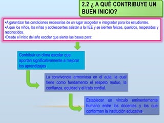 2.2 ¿ A QUÉ CONTRIBUYE UN
BUEN INICIO?
•A garantizar las condiciones necesarias de un lugar acogedor e integrador para los estudiantes.
•A que los niños, las niñas y adolescentes asistan a la IIEE y se sienten felices, queridos, respetados y
reconocidos.
•Desde el inicio del año escolar que sienta las bases para:

Contribuir un clima escolar que
aportan significativamente a mejorar
los aprendizajes.
La convivencia armoniosa en el aula, la cual

tiene como fundamento el respeto mutuo, la
confianza, equidad y el trato cordial.
Establecer un vinculo eminentemente
humano entre los docentes y los que
conforman la institución educativa.

 
