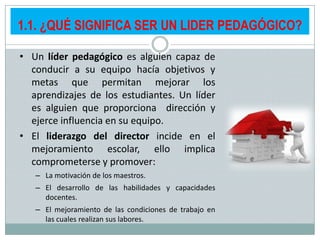 1.1. ¿QUÉ SIGNIFICA SER UN LIDER PEDAGÓGICO?
• Un líder pedagógico es alguien capaz de
conducir a su equipo hacía objetivos y
metas que permitan mejorar los
aprendizajes de los estudiantes. Un líder
es alguien que proporciona dirección y
ejerce influencia en su equipo.
• El liderazgo del director incide en el
mejoramiento escolar, ello implica
comprometerse y promover:
– La motivación de los maestros.
– El desarrollo de las habilidades y capacidades
docentes.
– El mejoramiento de las condiciones de trabajo en
las cuales realizan sus labores.

 