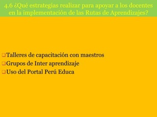 4.6 ¿Qué estrategias realizar para apoyar a los docentes
en la implementación de las Rutas de Aprendizajes?

 Talleres de capacitación con maestros
 Grupos de Inter aprendizaje
 Uso del Portal Perú Educa

 