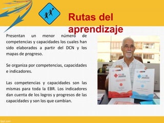 Rutas del 
aprendizaje 
Presentan un menor número de 
competencias y capacidades los cuales han 
sido elaborados a partir del DCN y los 
mapas de progreso. 
Se organiza por competencias, capacidades 
e indicadores. 
Las competencias y capacidades son las 
mismas para toda la EBR. Los indicadores 
dan cuenta de los logros y progresos de las 
capacidades y son los que cambian. 
 