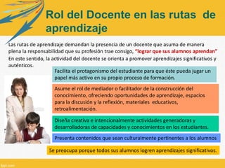 Rol del Docente en las rutas de 
aprendizaje 
Las rutas de aprendizaje demandan la presencia de un docente que asuma de manera 
plena la responsabilidad que su profesión trae consigo, “lograr que sus alumnos aprendan” 
En este sentido, la actividad del docente se orienta a promover aprendizajes significativos y 
auténticos. 
Facilita el protagonismo del estudiante para que éste pueda jugar un 
papel más activo en su propio proceso de formación. 
Asume el rol de mediador o facilitador de la construcción del 
conocimiento, ofreciendo oportunidades de aprendizaje, espacios 
para la discusión y la reflexión, materiales educativos, 
retroalimentación. 
Diseña creativa e intencionalmente actividades generadoras y 
desarrolladoras de capacidades y conocimientos en los estudiantes. 
Presenta contenidos que sean culturalmente pertinentes a los alumnos 
Se preocupa porque todos sus alumnos logren aprendizajes significativos. 
 