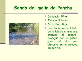 Senda del molín de Panchu
              Distancia: 10 km
              Tiempo: 3 horas
              Dificultad: Baja
              La ruta se inicia al lado
               de la iglesia y, una vez
               cruzado el puente,
               prosigue por un paseo
               junto    al    río   que
               discurre entre campos
               de cultivo.
 